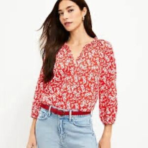 LOFT Women's Long Sleeve Flowy Blouse Red White Floral Print Blouse Tie Neck Top